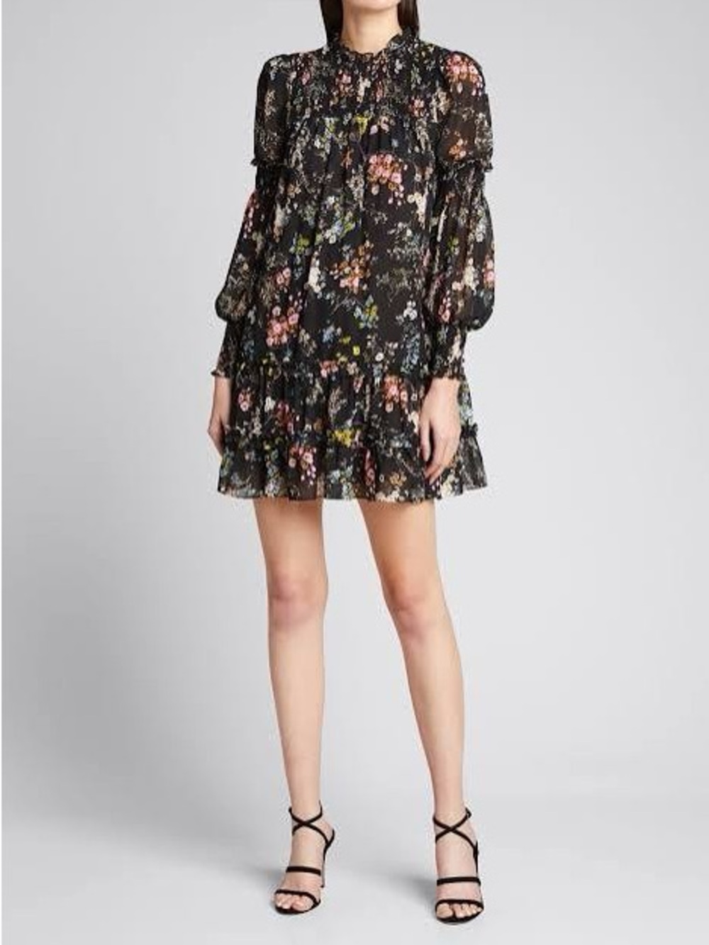 Sold Out Cinq A Sept Floral High-Neck Long-Sleeve Mini Dress - Black